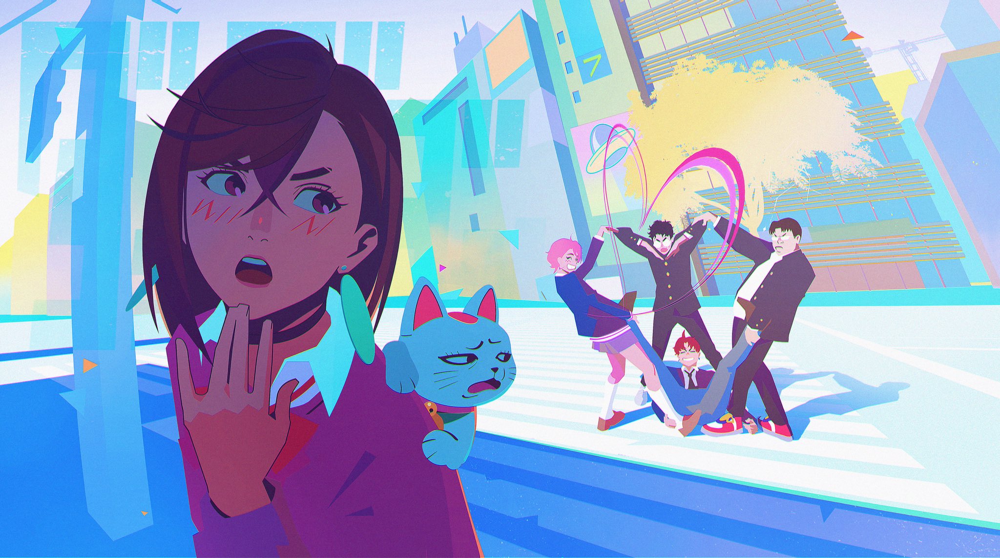 aruksyu, ayase momo, enjoji jin, sakata kinta, shiratori aira (dandadan), takakura ken (dandadan), turbo granny (dandadan), dandadan, highres, 1other, 2girls, 3boys, black hair, black jacket, brown hair, crossed bangs, crosswalk, earrings, gakuran, glasses, heart, heart arms, jacket, jewelry, loafers, long sleeves, maneki-neko, multiple boys, multiple girls, outdoors, pink hair, red hair, round eyewear, school uniform, shoes, short hair, sneakers