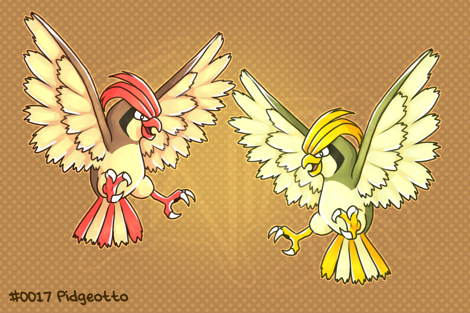 twilidramonart, pidgeotto, nintendo, pokemon, alternate color, beak, bird, brown background, character name, gen 1 pokemon, no humans, numbered, open mouth, pokemon (creature), polka dot, polka dot background, shiny and normal, shiny pokemon