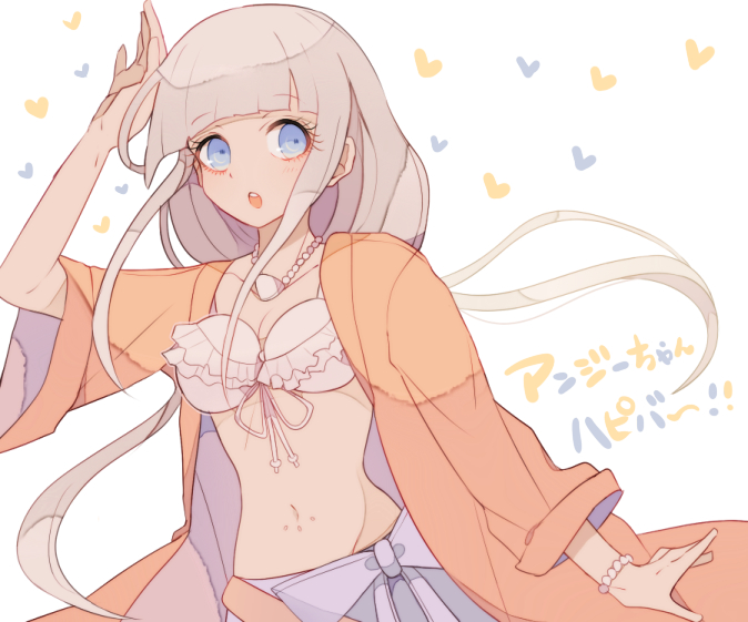 sakura (fein5862817), yonaga angie, danganronpa (series), danganronpa v3: killing harmony, commentary request, translation request, 1girl, bead bracelet, bead necklace, beads, belt, bikini, blue bow, blue eyes, blue skirt, blunt bangs, bow, bracelet, breasts, brown belt, cleavage, collarbone, cowboy shot, dark-skinned female, dark skin, dot nose, eyelashes, floating hair, frilled bikini, frills, grey hair, hand on own head, happy birthday, heart, jewelry, light blush, long hair, long sidelocks, long sleeves, low twintails, medium breasts, navel, navel piercing, necklace, open mouth, orange raincoat, piercing, shell, shell necklace, sidelocks, simple background, skirt, sleeve cuffs, solo, stomach, surprised, swimsuit, teeth, twintails, upper teeth only, very long hair, waist bow, white background, white bikini
