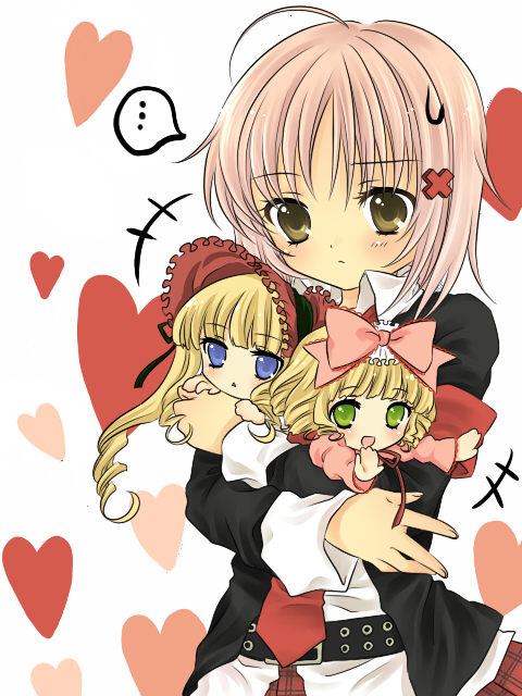 hanabana tsubomi, hinaichigo, hinamori amu, shinku, rozen maiden, shugo chara!, plaid, 00s, 3girls, belt, blonde hair, blue eyes, bonnet, bow, creator connection, crossover, green eyes, mini person, minigirl, multiple girls, necktie, pink bow, pink hair, school uniform, serafuku, yellow eyes
