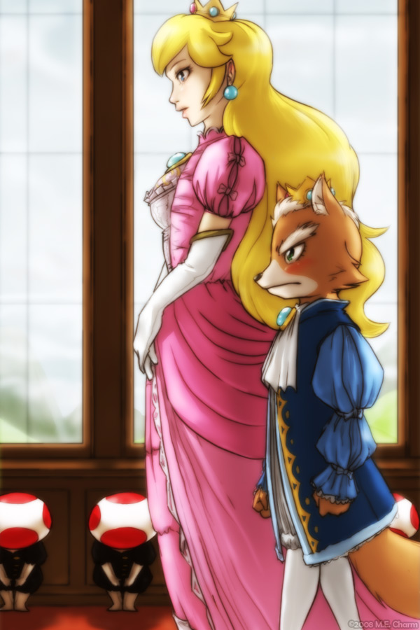 mecharm, fox mccloud, princess peach, toad (mario), mario (series), nintendo, super smash bros., bad deviantart id, bad id, 1boy, 1girl, blush, couple, crown, dress, earrings, formal clothes, furry, jewelry, pink dress, walking, window