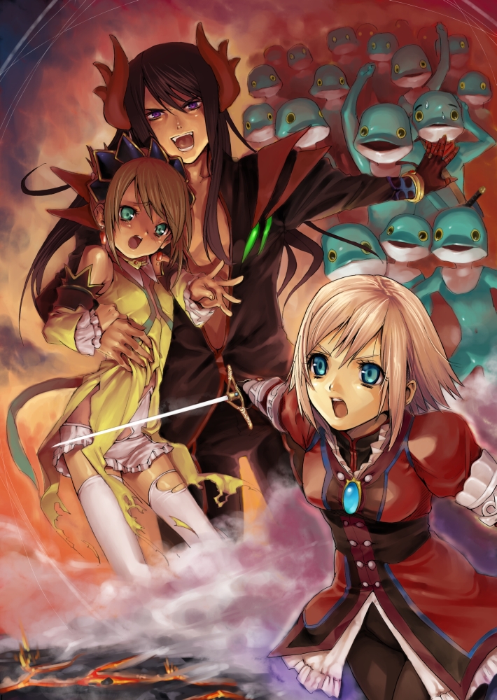 natsuhiko, natsuhiko (pixiv531357), estellise sidos heurassein, karol capel, rita mordio, yuri lowell, tales of (series), tales of vesperia, 00s, 1boy, 2girls, alternate costume, armor, horns, monster, multiple girls, official alternate costume, out of character, short hair, sword, weapon