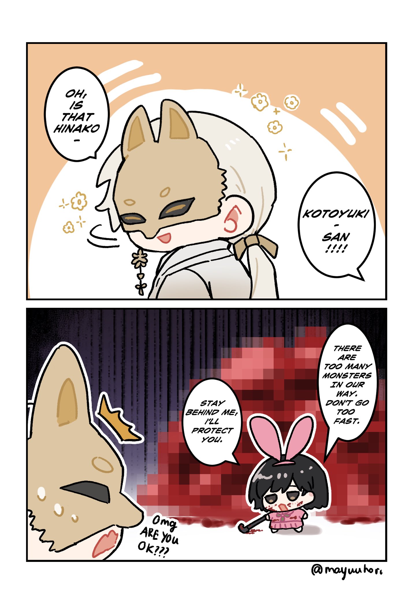 mayuuda, fox mask (silent hill), shimizu hinako, silent hill (series), silent hill f, highres, 1boy, 1girl, animal ear hairband, animal ears, black hair, blood, blood on face, brown eyes, censored, chibi, chibi only, earrings, english text, fake animal ears, fox mask, hairband, holding, holding lead pipe, jewelry, lead pipe, low ponytail, mask, mosaic censoring, pink serafuku, pink shirt, pink skirt, ponytail, rabbit ears, robe, school uniform, serafuku, shirt, single earring, skirt, smile, speech bubble, sweatdrop, twitter username, wavy mouth, white hair, white robe