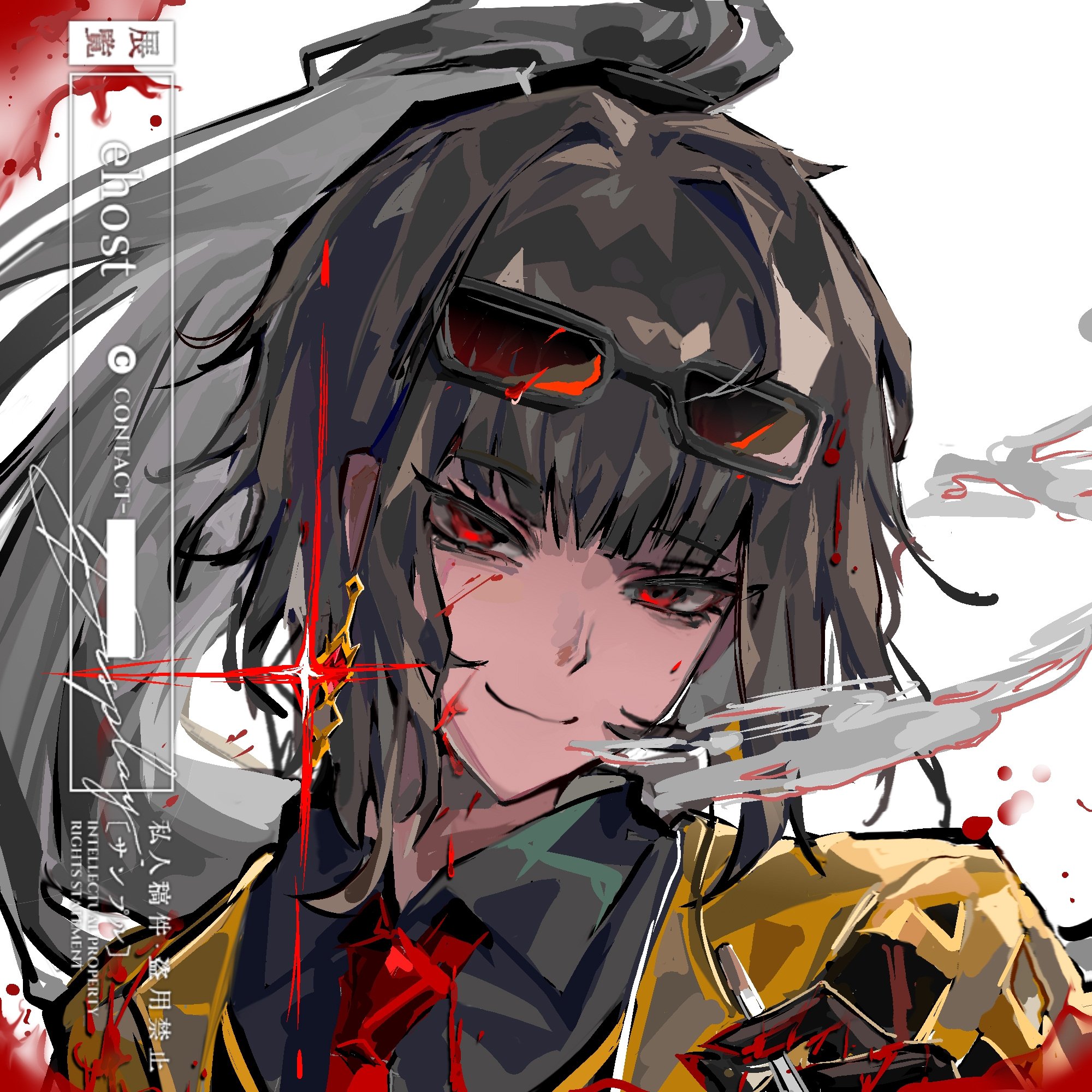 ehooooooost, ryoshu (project moon), limbus company, project moon, highres, 1girl, black gloves, black hair, black shirt, blood, blood on clothes, blood on face, cigarette, coat, collared shirt, contempt awe (e.g.o), e.g.o (project moon), earrings, gloves, jewelry, long hair, looking at viewer, male focus, n corp. e.g.o (identity) (project moon), necktie, red-tinted eyewear, red eyes, red necktie, shirt, simple background, single earring, smoke, solo, sunglasses, tinted eyewear, white background, yellow coat