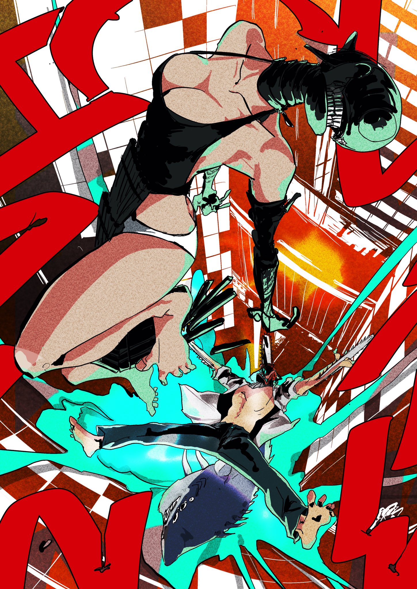 beam (chainsaw man), bomb devil (chainsaw man), denji (chainsaw man), chainsaw man, hashtag-only commentary, highres, 1girl, 2boys, alternate form, apron, barefoot, battle, black apron, black gloves, breasts, building, city, dynamite, elbow gloves, explosive, feet, gloves, large breasts, midair, multiple boys, object head, panties, sakanaiya2, shark, teeth, underwear, white panties