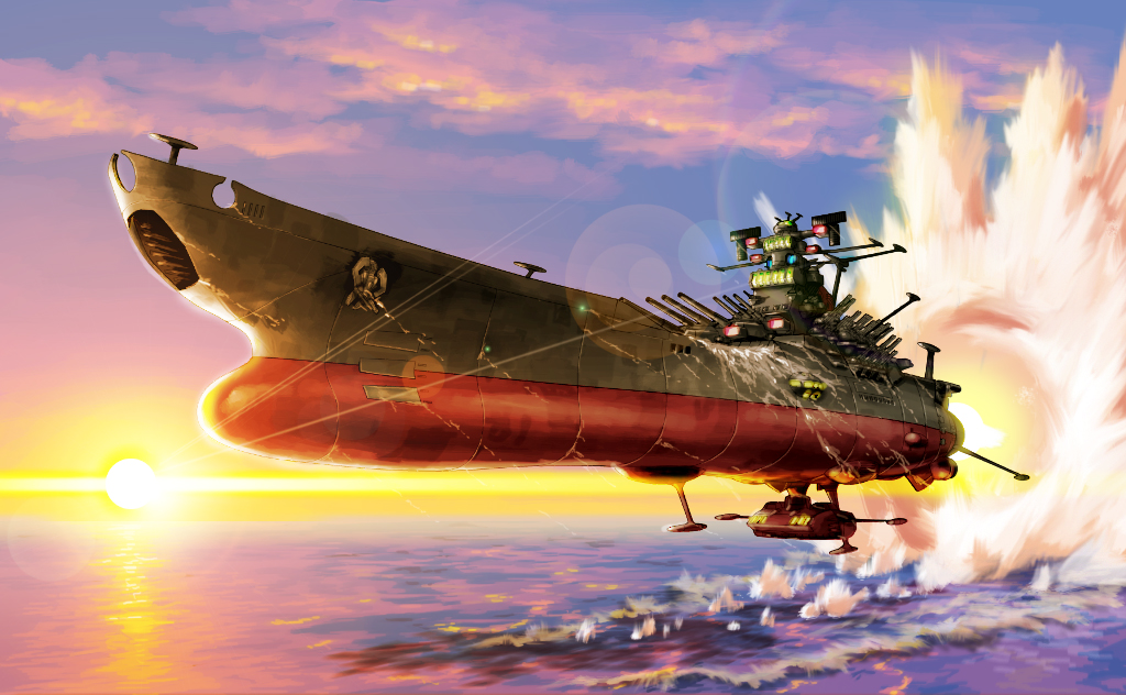 shio no.9, yamato (uchuu senkan yamato), uchuu senkan yamato, blue sky, cloud, cloudy sky, evening, horizon, no humans, orange sky, scenery, sky, spacecraft, sunset, vehicle focus, water, wave motion gun
