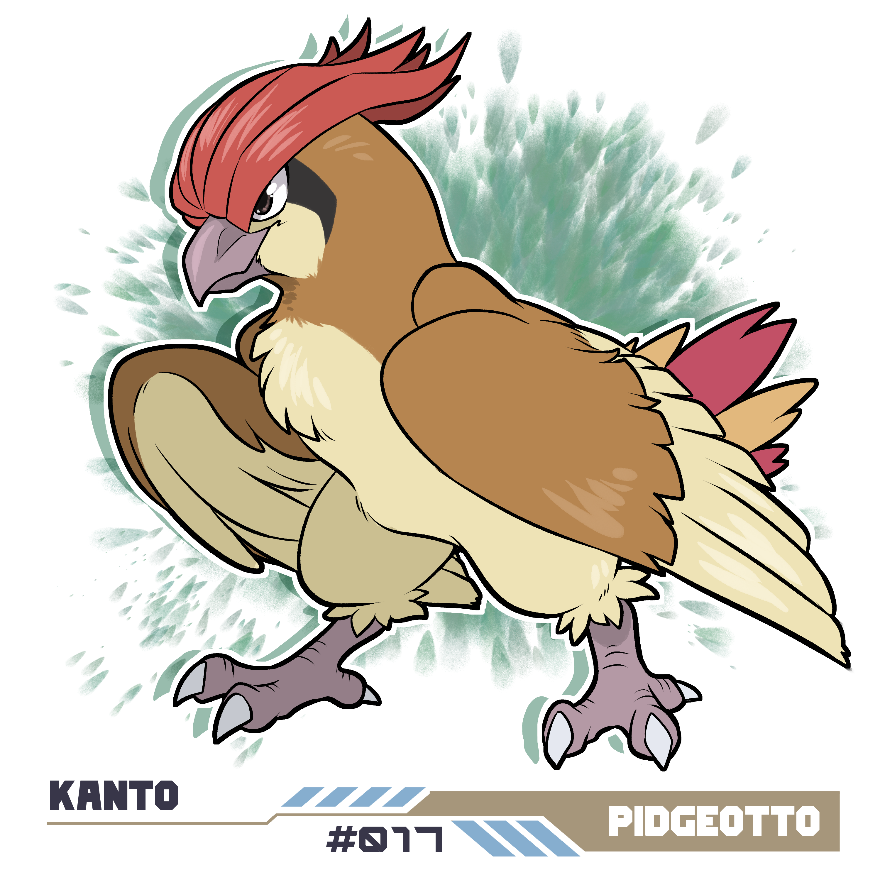 sws-artdex, pidgeotto, nintendo, pokemon, absurdres, highres, beak, bird, character name, english text, gen 1 pokemon, no humans, numbered, pokemon (creature), solo