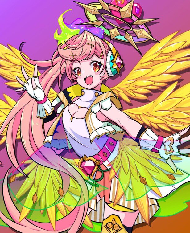 depp (depp630609), sandalphon (monster strike), monster strike, 1girl, belt, breasts, cleavage, eyelashes, fingerless gloves, gloves, heart, medium breasts, orange eyes, pink hair, side ponytail, simple background, smile, solo, standing, wings