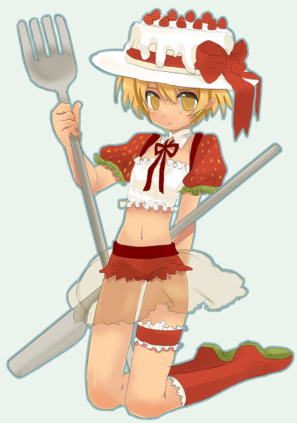 dadami, 1girl, birthday cake, cake, female focus, food, food-themed clothes, food as clothes, fruit, hat, ribbon, solo, strawberry