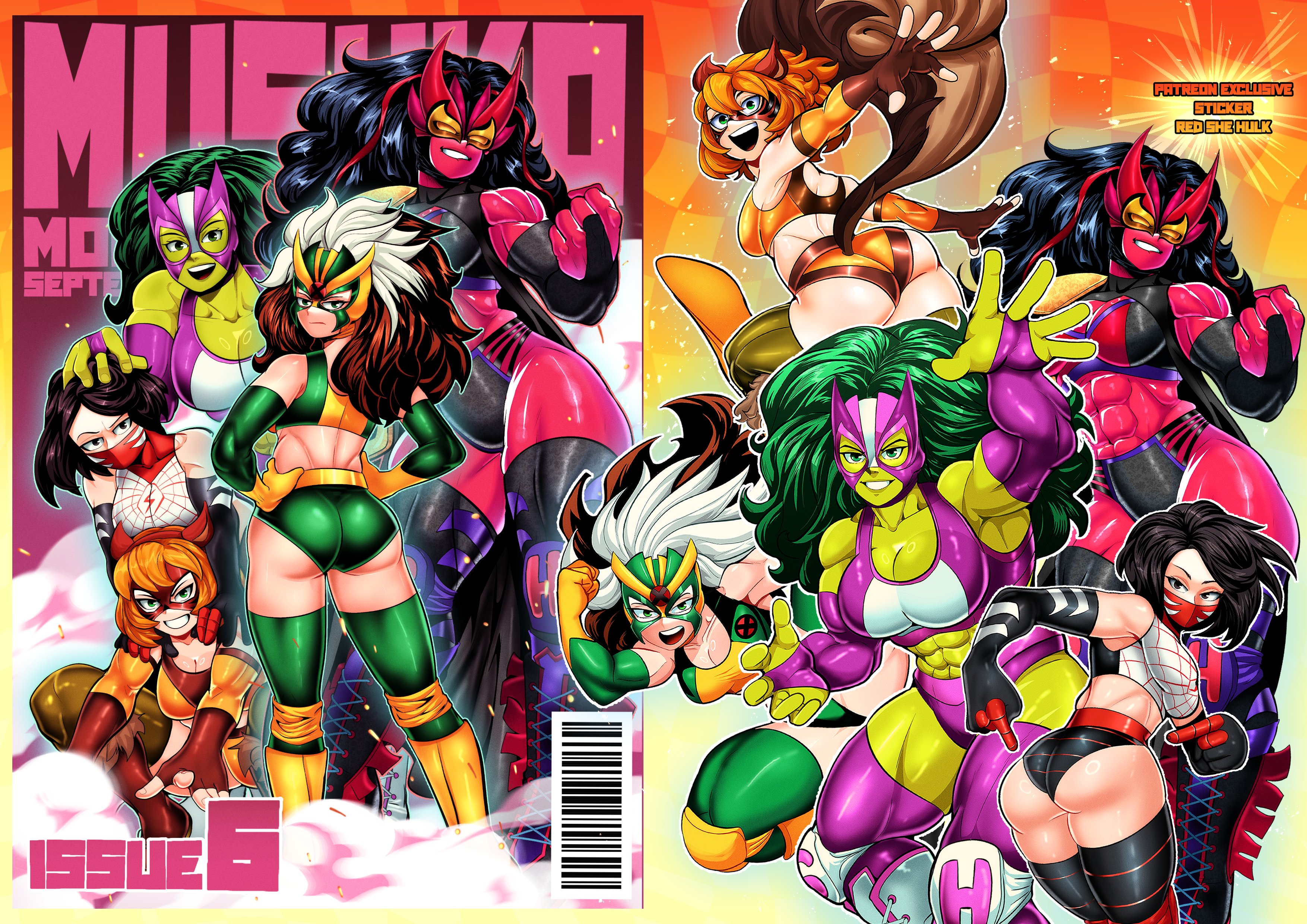 sonchapo, red she-hulk, rogue (x-men), she-hulk, silk (marvel), squirrel girl (marvel), marvel, spider-man (series), x-men, absurdres, comic cover, highres, 5girls, ass, black hair, breasts, brown hair, colored skin, crop top, elbow gloves, gloves, green-skinned goblin (konoshige), green hair, green thighhighs, grin, large breasts, luchador mask, multicolored hair, multiple girls, muscular, muscular female, pointing, pointing at self, purple thighhighs, red skin, simple background, smile, squirrel tail, standing, tail, thick thighs, thighhighs, thighs, white hair, wrestling outfit