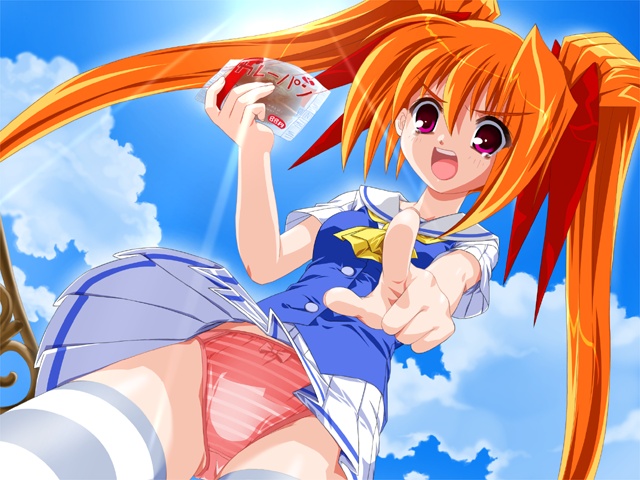 yamino kenji, arai min, moe love ~natsuiro moegi ryou~, game cg, non-web source, 1girl, brown eyes, female focus, long hair, orange hair, panties, pantyshot, pointing, school uniform, serafuku, sky, solo, striped clothes, striped panties, striped thighhighs, thighhighs, twintails, underwear
