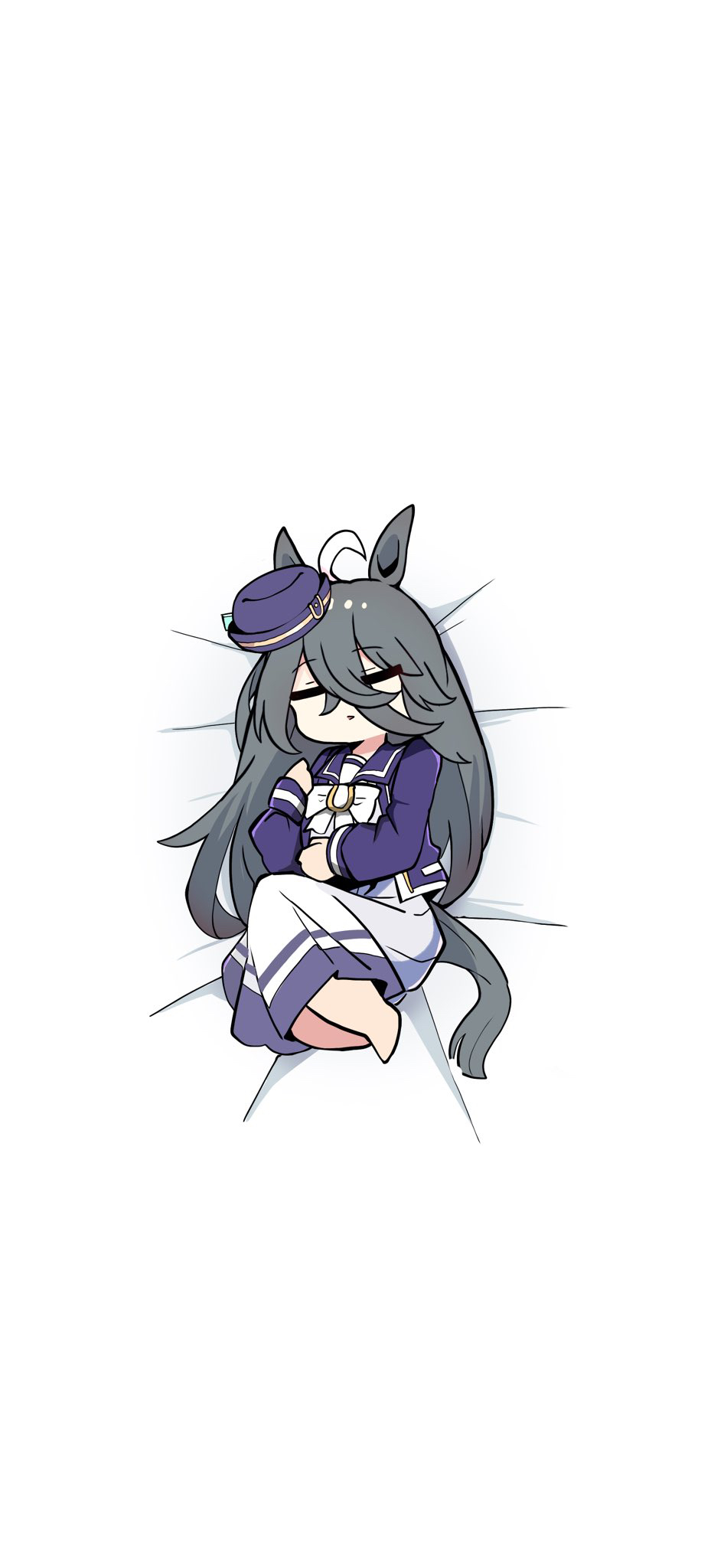 kawamochi (tddm3573), akikawa yayoi (umamusume), manhattan cafe (umamusume), umamusume, cosplay request, highres, 1girl, ahoge, akikawa yayoi (umamusume) (cosplay), animal ears, barefoot, bed sheet, black hair, bow, cosplay, dress, hat, horse ears, horse girl, horse tail, jacket, long hair, long sleeves, lying, multicolored hair, on side, puffy long sleeves, puffy sleeves, purple hat, purple jacket, simple background, solo, tail, two-tone hair, very long hair, white background, white bow, white dress, white hair