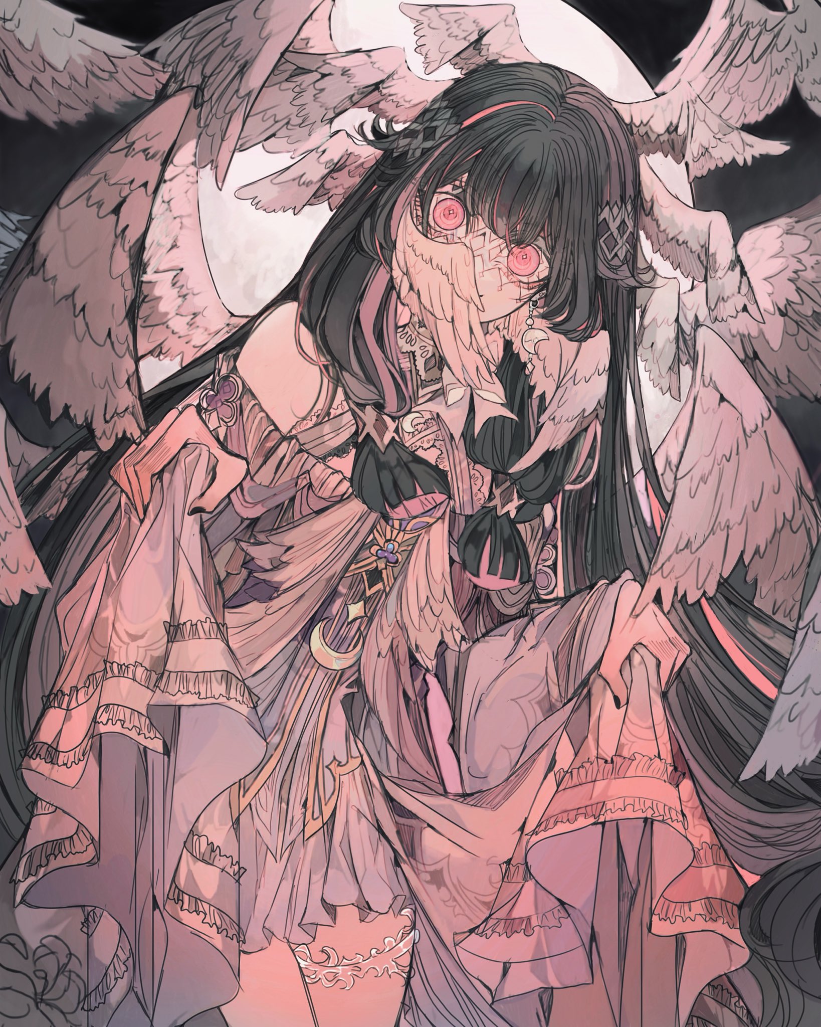 ichigoh, columbina (genshin impact), genshin impact, highres, 1girl, biblically accurate angel, bow, bowtie, coat, eye mask, eyes on wings, fatui coat, feathered wings, fur-trimmed coat, fur trim, hair ornament, head wings, multicolored hair, multiple wings, solo, white bow, white bowtie, white mask, white wings, wing hair ornament, wings