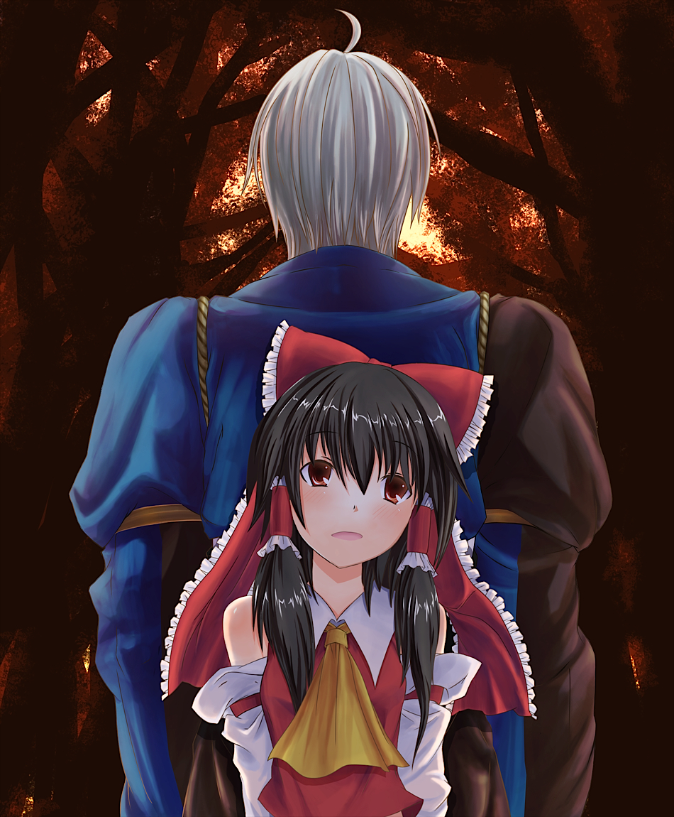 eho (icbm), kaiho, hakurei reimu, morichika rinnosuke, curiosities of lotus asia, touhou, silver hair, bad id, bad pixiv id, 1boy, 1girl, back, japanese clothes, long hair, miko, ribbon, short hair
