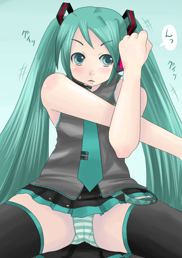 nullhachi, hatsune miku, vocaloid, bad id, bad pixiv id, aqua eyes, aqua hair, cowboy shot, long hair, necktie, panties, skirt, solo, stretching, striped clothes, striped panties, thighhighs, twintails, underwear, upskirt, zettai ryouiki