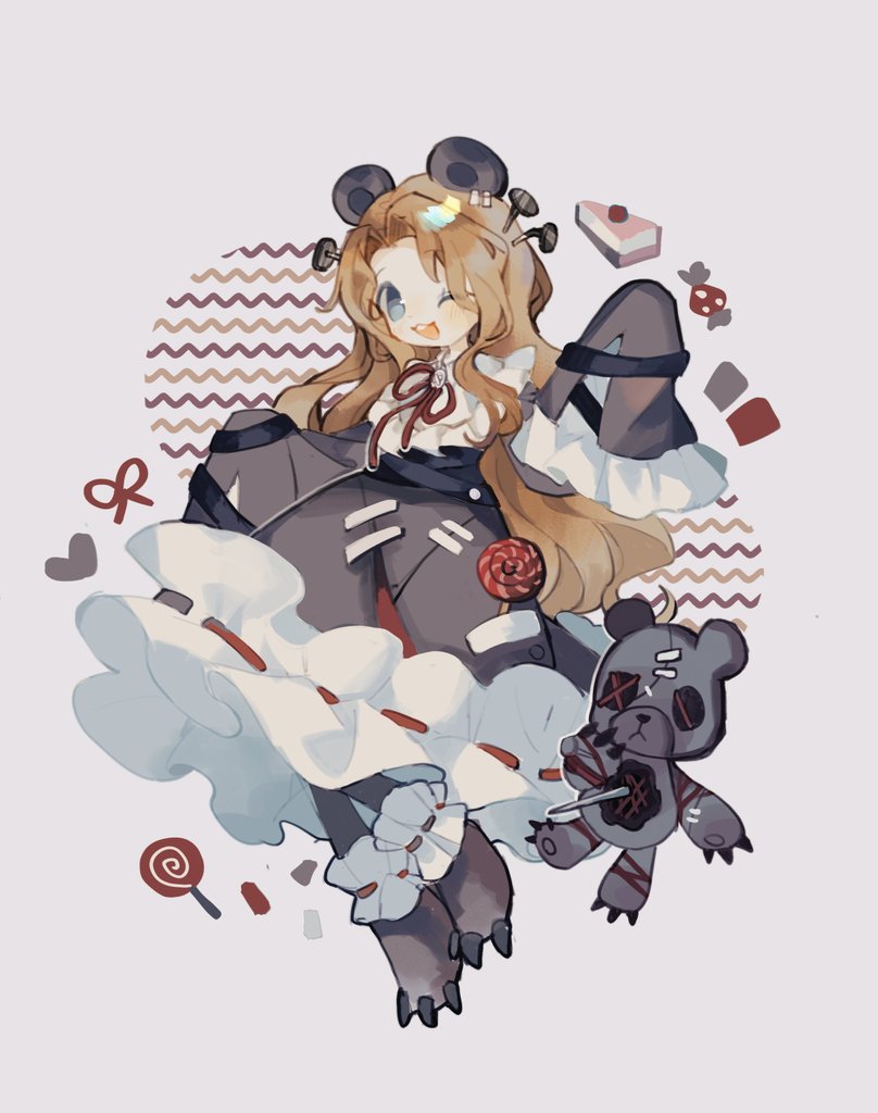 hurting teddy bear, rodion (project moon), limbus company, project moon, 1girl, :d, animal ears, bear ears, blue eyes, brown hair, candy, claws, dress, e.g.o (project moon), food, frilled dress, frills, full body, grey dress, hex nail (e.g.o), i am a chair72, lollipop, long hair, looking at viewer, nail (hardware), one eye closed, open mouth, red yarn, simple background, smile, solo, standing, stitches, stuffed animal, stuffed toy, teddy bear, white background