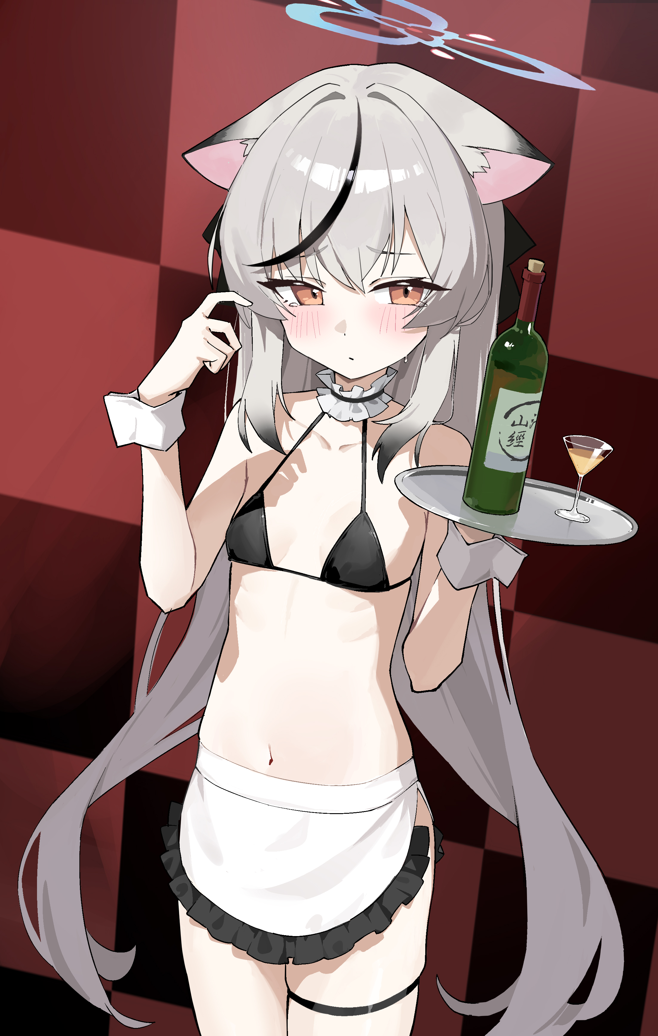 kaminari (edeath), kokona (blue archive), blue archive, absurdres, commentary, highres, 1girl, alternate costume, animal ears, apron, bare arms, bare shoulders, bikini, black background, black bikini, black bow, black hair, blue halo, blush, bottle, bow, brown eyes, checkered background, choker, cowboy shot, dot nose, ears down, embarrassed, enmaided, frilled apron, frilled bikini, frilled choker, frills, grey hair, hair between eyes, hair bow, halo, hands up, holding, holding plate, long hair, looking at viewer, maid, maid apron, maid bikini, multicolored hair, navel, plate, raised inner eyebrows, sake bottle, sidelocks, skindentation, skinny, solo, standing, stomach, streaked hair, swimsuit, tearing up, thigh strap, thighs, tiger ears, tiger girl, unconventional maid, very long hair, waist apron, white apron, white background, white wrist cuffs, wrist cuffs