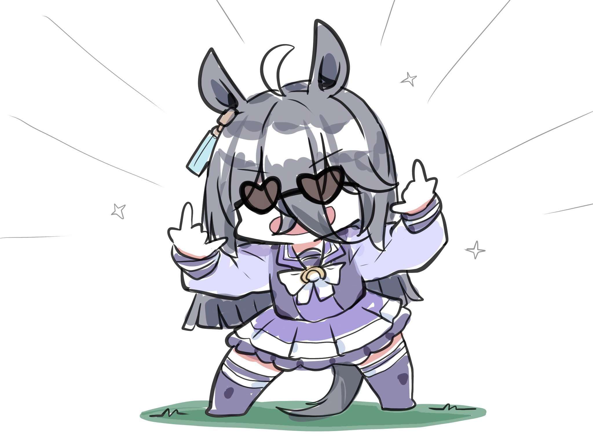 kawamochi (tddm3573), manhattan cafe (umamusume), umamusume, highres, 1girl, :d, n/, ahoge, animal ears, black-framed eyewear, black hair, bow, chibi, double n/, facing viewer, frilled skirt, frills, full body, hands up, heart, heart-shaped eyewear, horse ears, horse girl, horse tail, long hair, long sleeves, multicolored hair, open mouth, pleated skirt, puffy long sleeves, puffy sleeves, purple shirt, purple skirt, purple thighhighs, shirt, simple background, skirt, smile, solo, sparkle, standing, sunglasses, tail, thighhighs, two-tone hair, very long hair, white background, white bow, white hair