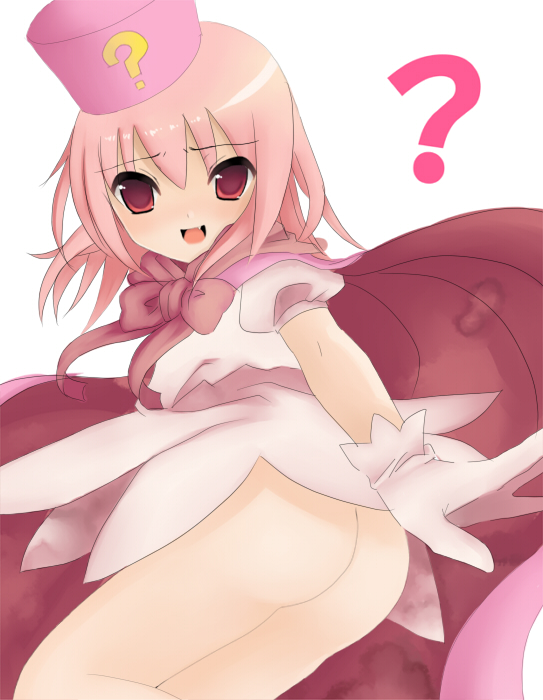 seta (monyun), hatena yousei, benesse, bad id, bad pixiv id, 1girl, ?, ass, female focus, hat, loli, long hair, no panties, pink eyes, pink hair, pink hat, ribbon, solo