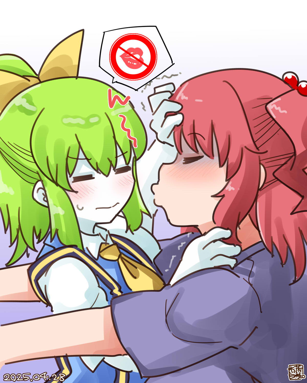 itini-sanshi, daiyousei, diyusi (cookie), onozuka komachi, shishou (cookie), cookie (touhou), touhou, commentary request, highres, 2girls, ascot, blue vest, blush, bow, breasts, closed eyes, colored skin, dated, green hair, hair bobbles, hair bow, hair ornament, imminent kiss, large breasts, multiple girls, purple shirt, red hair, shirt, short sleeves, trembling, upper body, vest, white shirt, white skin, yellow ascot, yellow bow, yuri