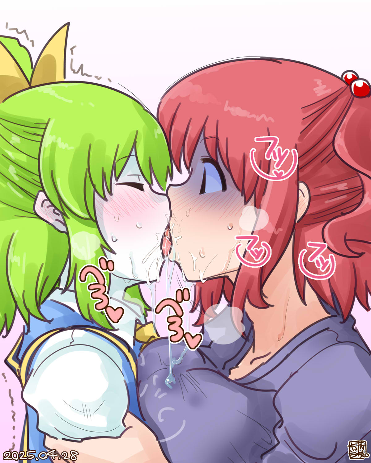 itini-sanshi, daiyousei, diyusi (cookie), onozuka komachi, shishou (cookie), cookie (touhou), touhou, commentary request, highres, 2girls, ascot, black eyes, blue vest, blush, bow, breasts, closed eyes, colored skin, dated, green hair, hair bobbles, hair bow, hair ornament, kiss, large breasts, multiple girls, purple shirt, red hair, shaded face, shirt, short sleeves, tongue, upper body, vest, white shirt, white skin, yellow ascot, yellow bow, yuri