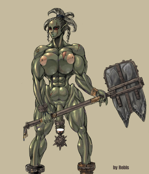 rebis, lineage, lineage 2, 1futa, abs, censored, colored skin, flail, futanari, green skin, hammer, monster girl, muscular, nipples, no testicles, orc, penis, red eyes, scar, solo, weapon