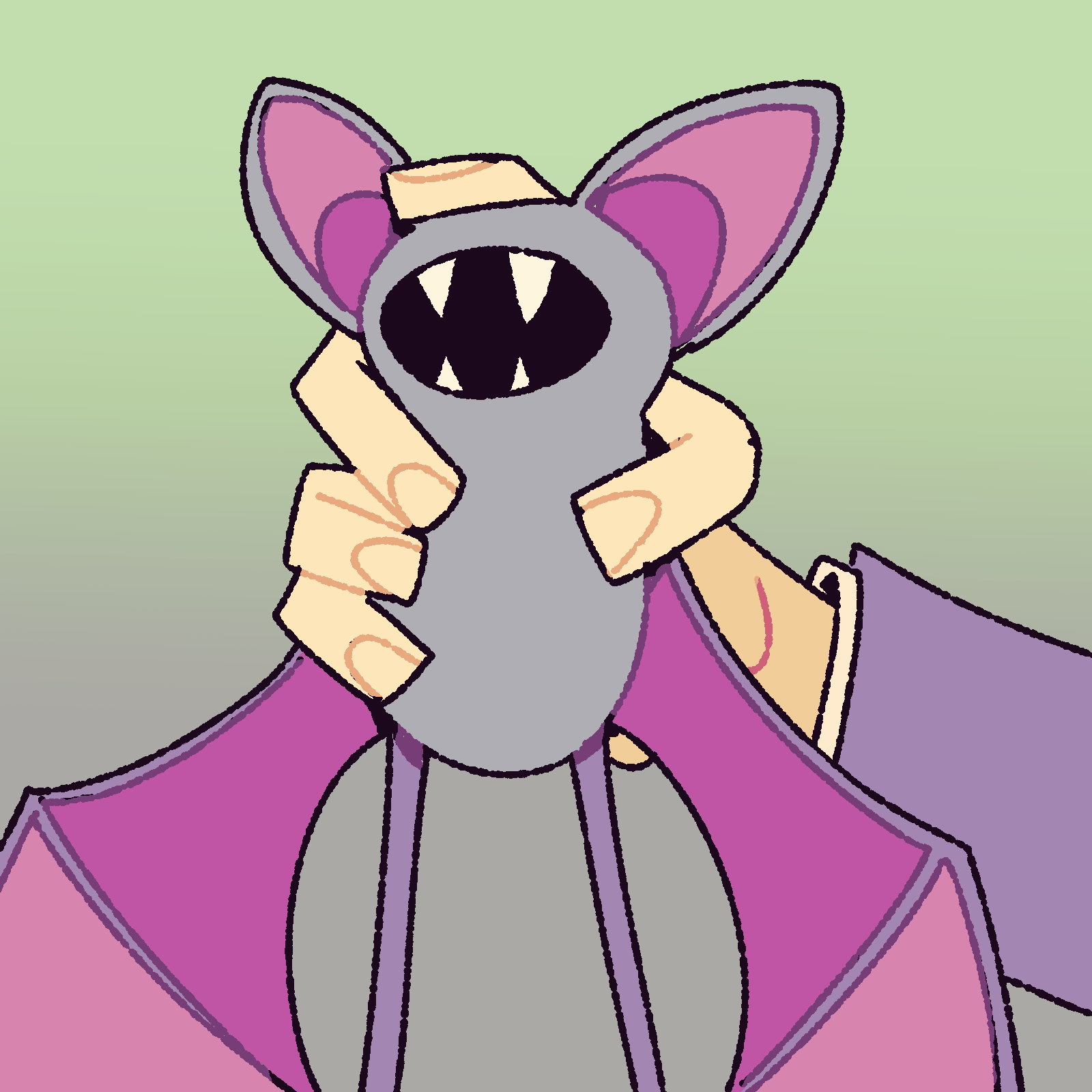 taylor robin, zubat, nintendo, pokemon, highres, 1other, fangs, gen 1 pokemon, gradient background, holding, holding pokemon, open mouth, out of frame, pokemon (creature), pokemon focus