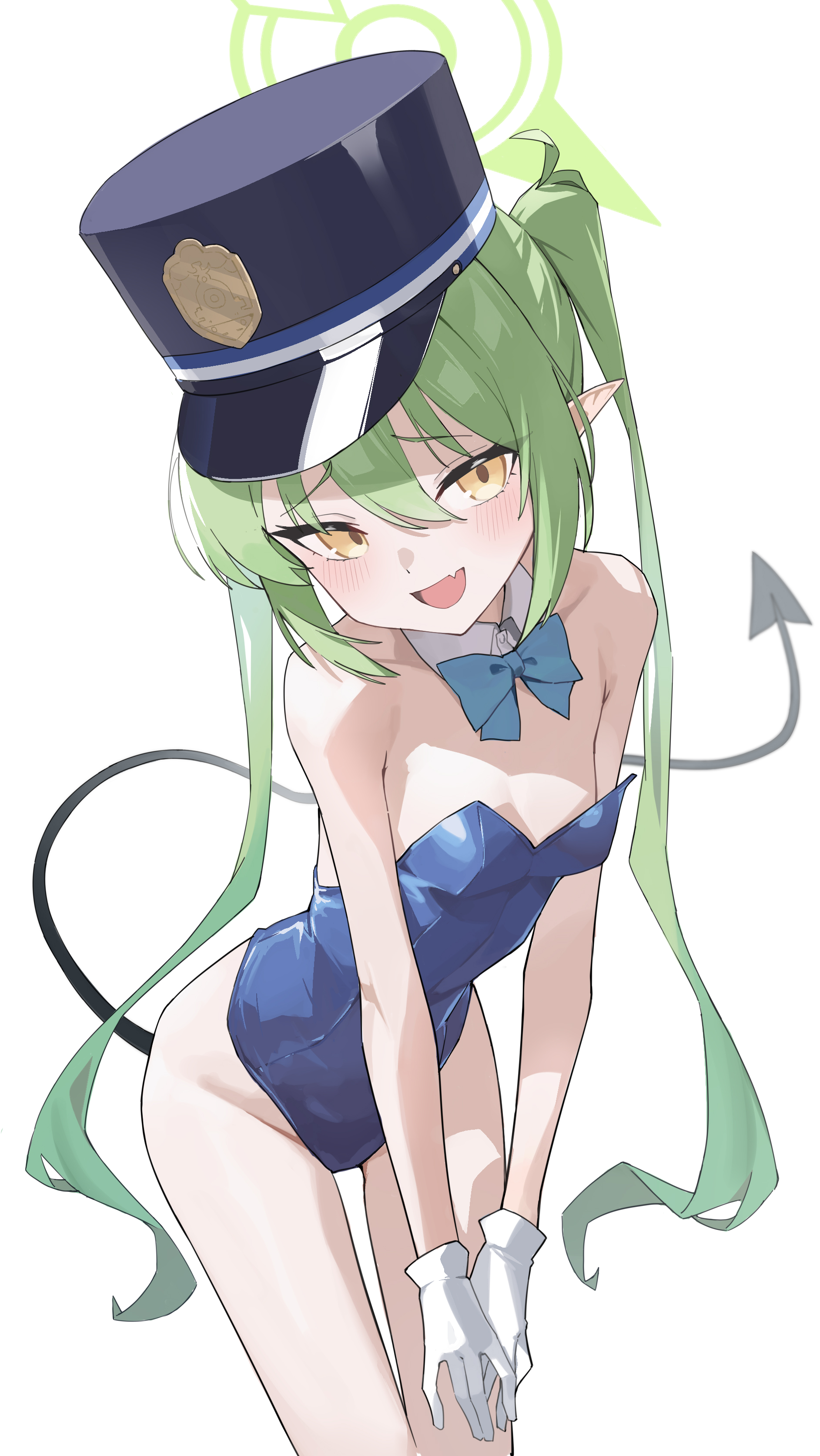 kaminari (edeath), nozomi (blue archive), blue archive, absurdres, commentary, highres, 1girl, :d, black hat, black tail, blue bow, blue bowtie, blue leotard, blush, bow, bowtie, cowboy shot, demon tail, detached collar, dot nose, fang, gloves, green hair, green halo, hair between eyes, halo, hat, highleg, highleg leotard, leaning forward, leotard, long hair, looking at viewer, open mouth, oversized breast cup, own hands together, peaked cap, playboy bunny, pointy ears, raised inner eyebrows, sidelocks, simple background, skin fang, smile, solo, standing, strapless, strapless leotard, tail, thigh gap, twintails, very long hair, white background, white gloves, yellow eyes
