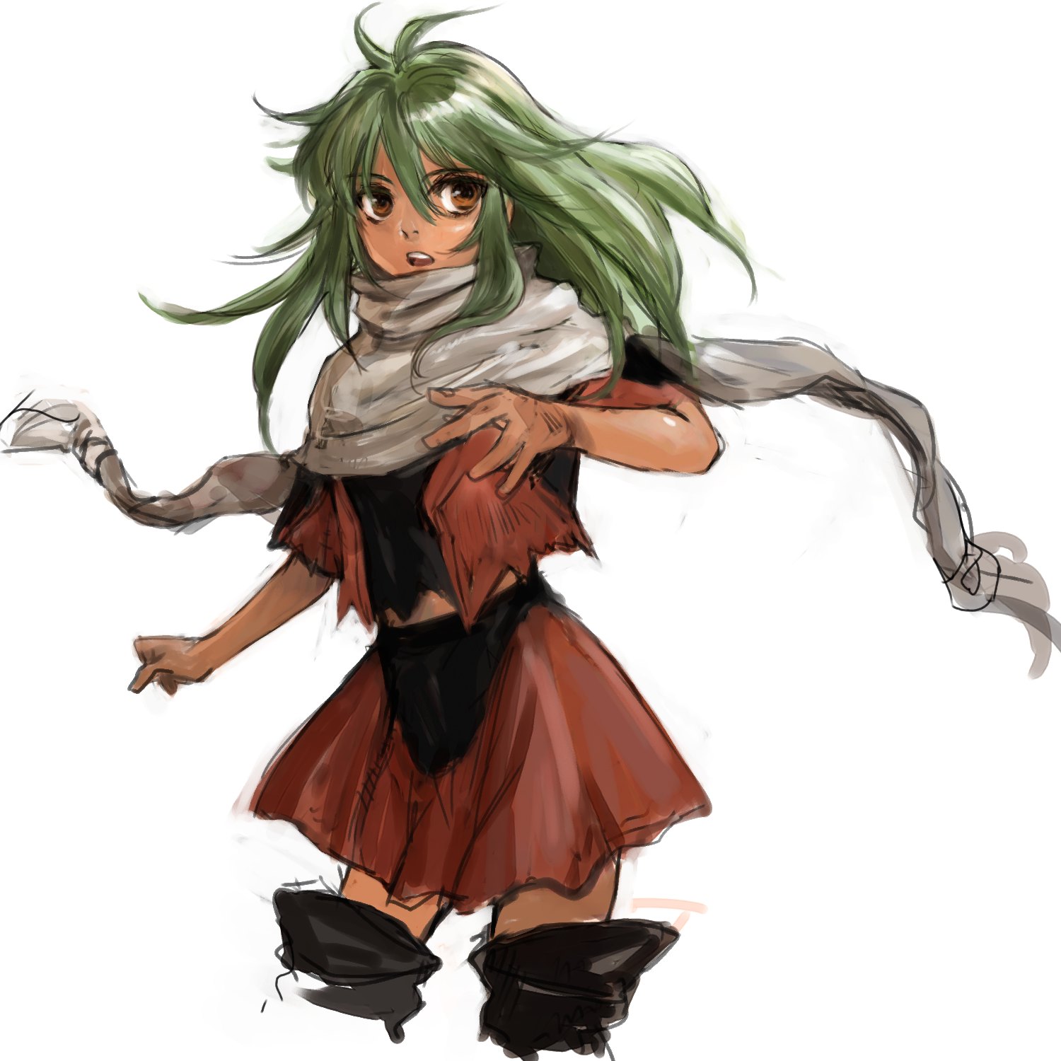 tadano tsutomu, emerada (xenogears), xenogears, bad id, bad pixiv id, highres, dark-skinned female, dark skin, green hair, scarf, skirt, solo, torn clothes