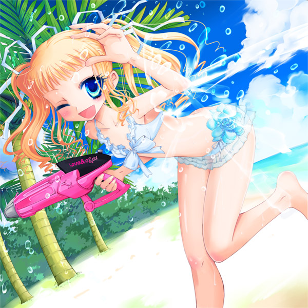 kay, kay (utd), original, 1girl, bad anatomy, barefoot, beach, bikini, blonde hair, blue eyes, day, female focus, flat chest, long hair, one eye closed, outdoors, poorly drawn, smile, solo, swimsuit, twintails, water, water gun, wink
