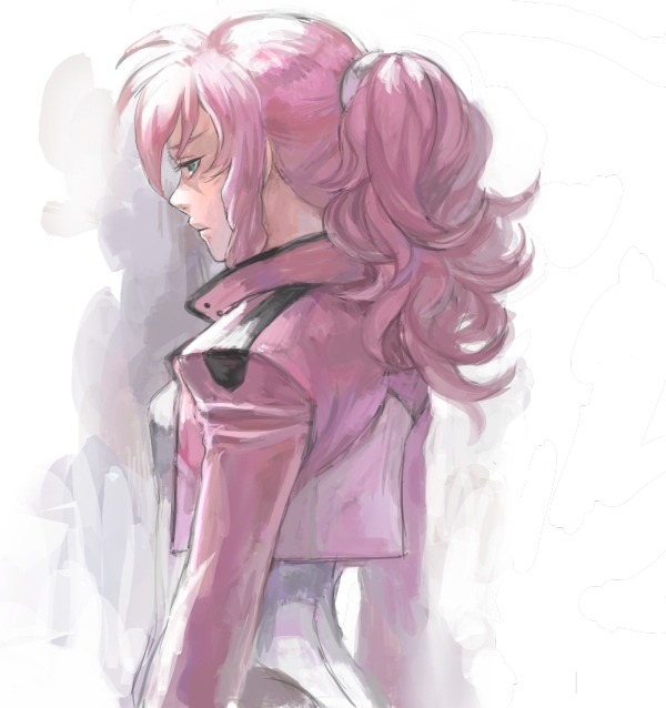 ris, feldt grace, gundam, gundam 00, bad id, bad pixiv id, 00s, 1girl, curly hair, eyelashes, female focus, frown, jacket, pink hair, ponytail, sad, solo, white background