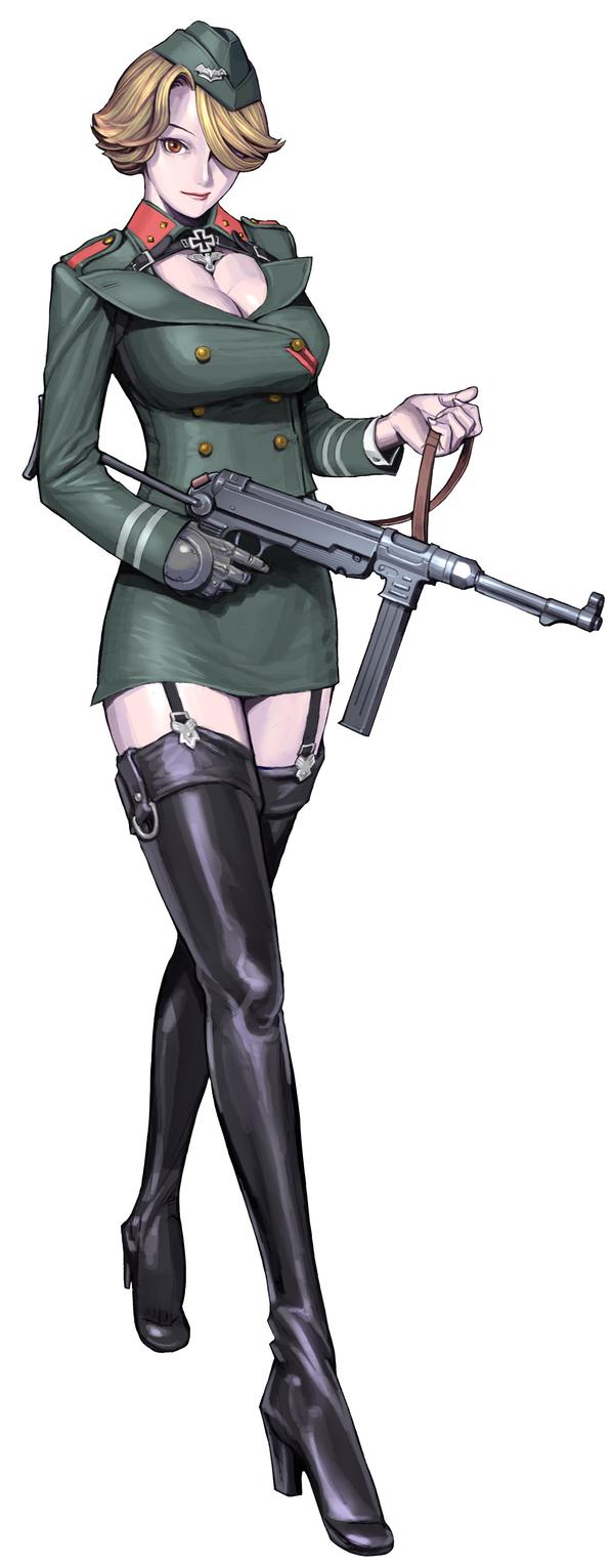 carmilla (operation darkness), operation darkness, highres, boots, breasts, cleavage, garter belt, gun, nazi, soldier, thigh boots, thighhighs, weapon