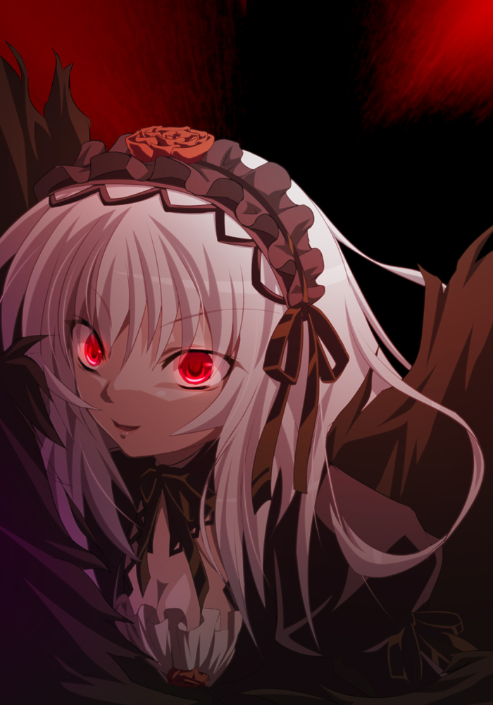 gucchi, suigintou, rozen maiden, 00s, 1girl, breasts, cleavage, dress, female focus, glowing, glowing eyes, hairband, long hair, red eyes, small breasts, solo, white hair