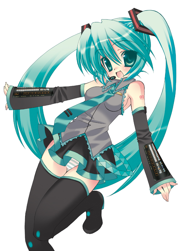 hibiki seiya, hatsune miku, vocaloid, 1girl, :d, aqua hair, black boots, black skirt, blush, boots, breasts, collared shirt, detached sleeves, female focus, frills, grey shirt, hair between eyes, hair ornament, headphones, headset, hibiki boshi, long hair, looking at viewer, microphone, miniskirt, necktie, open mouth, panties, pantyshot, pleated skirt, shirt, sideboob, simple background, skirt, small breasts, smile, solo, striped clothes, striped panties, tattoo, thigh boots, thighhighs, twintails, underwear, white background