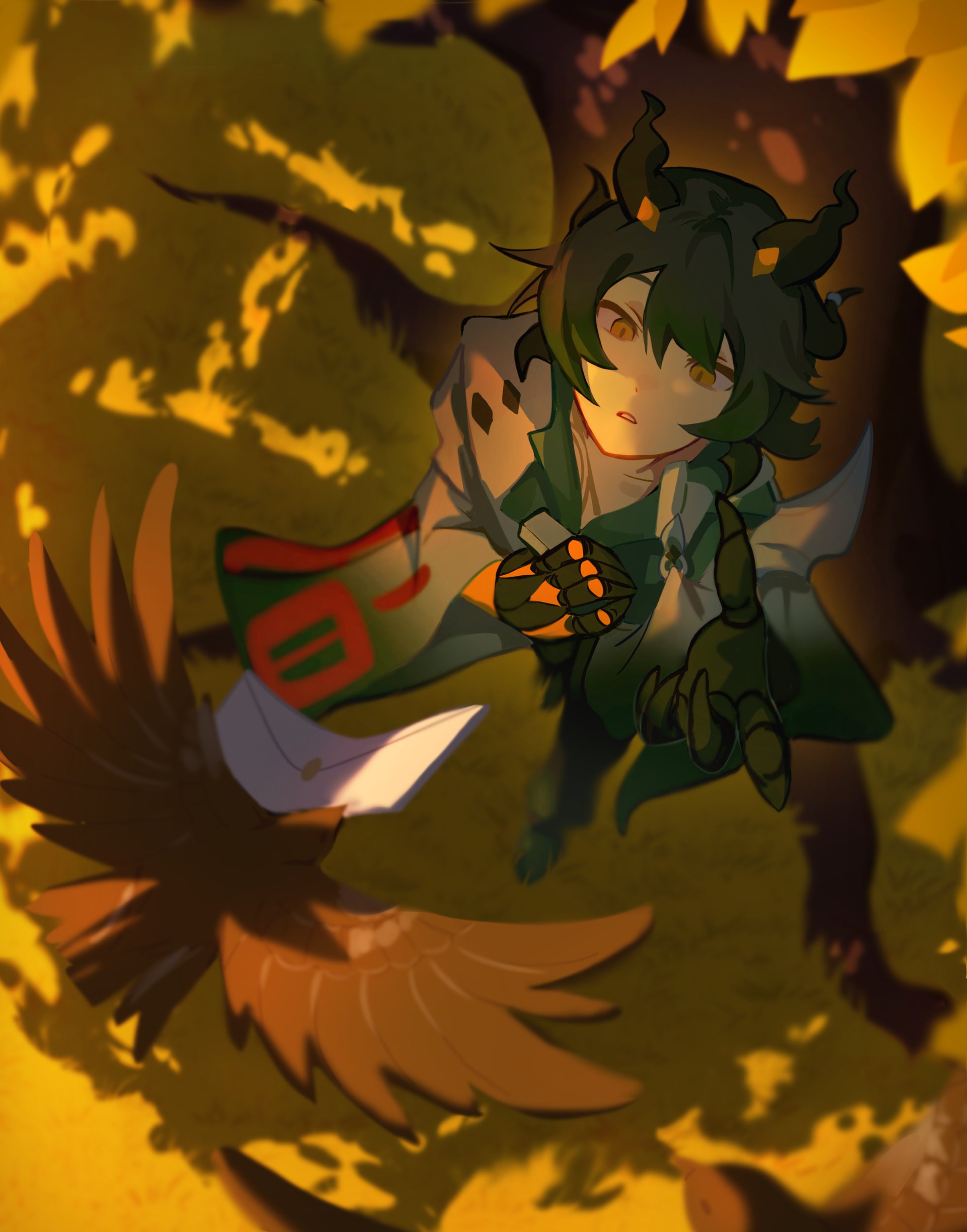 mararu, kosma, honkai (series), honkai impact 3rd, absurdres, commentary request, highres, second-party source, 1boy, bird, black gloves, black horns, black pants, coat, from above, gloves, green hair, grey coat, horns, male focus, orange eyes, outdoors, pants, short hair, tree