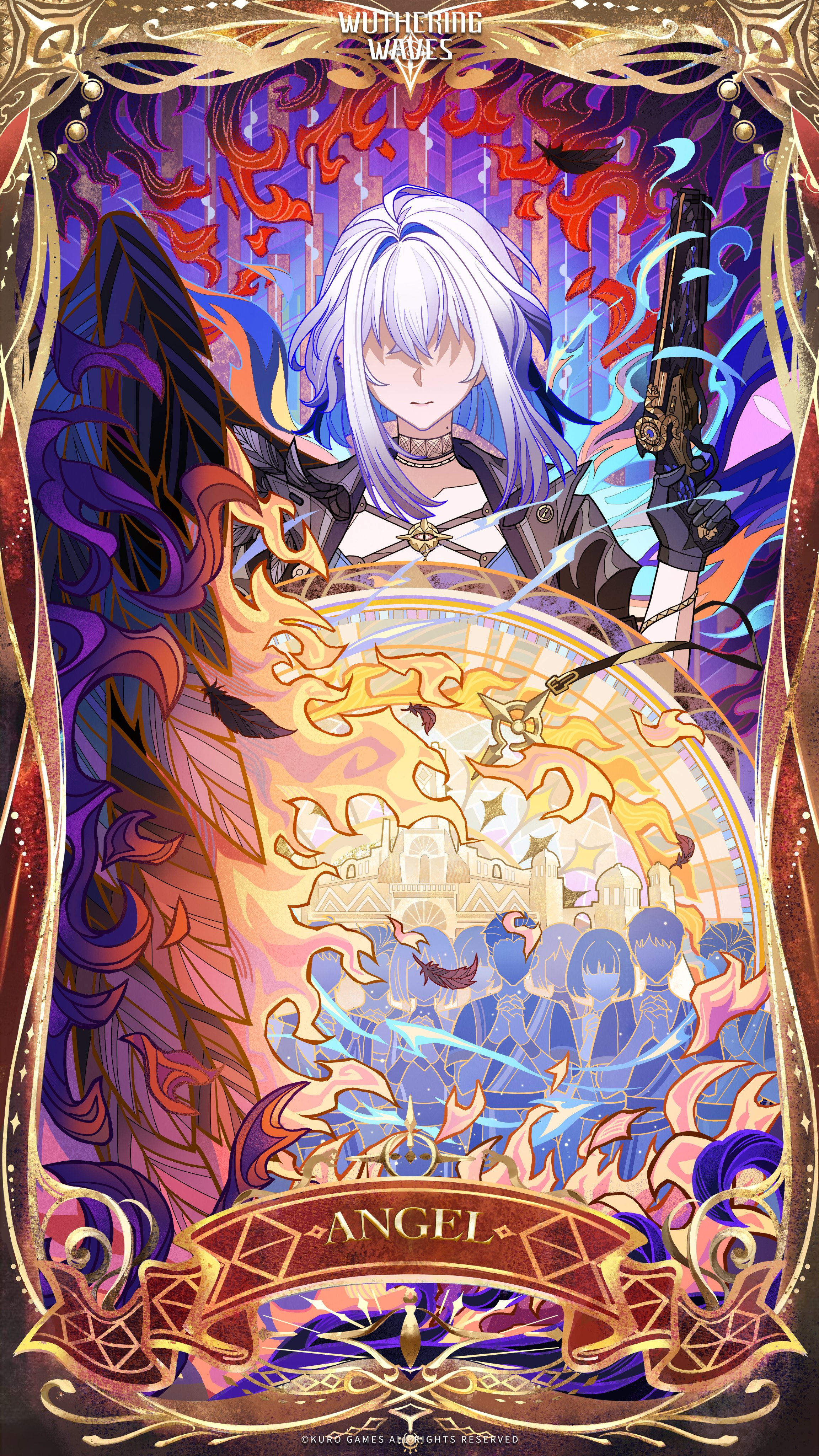 galbrena (wuthering waves), wuthering waves, absurdres, commentary, english commentary, highres, official art, 1girl, black gloves, black jacket, black wings, blue hair, closed mouth, english text, feathered wings, gloves, grey hair, gun, hair intakes, hand up, holding, holding gun, holding weapon, jacket, logo, medium hair, mole, mole on neck, no eyes, people, single wing, weapon, wings
