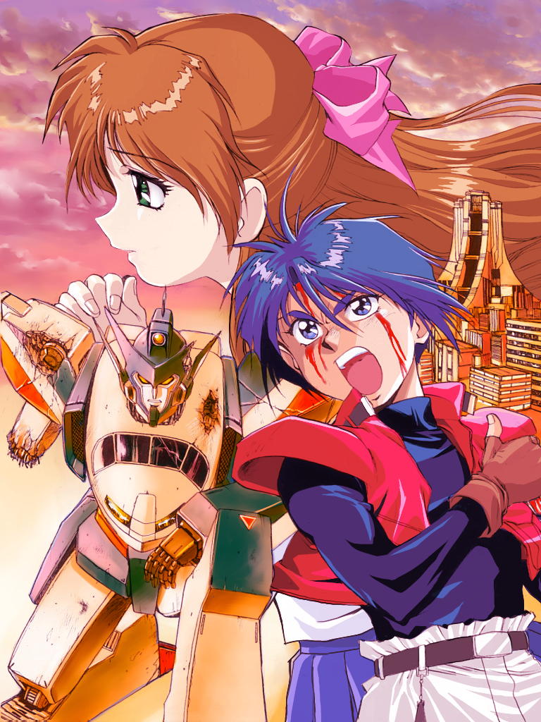 yusao, gaine, might gaine, senpuuji maito, yoshinaga sally, yuusha series, yuusha tokkyuu might gaine, 1boy, 1girl, blood, bow, brown hair, green eyes, half updo, long hair, mecha, pink bow, robot