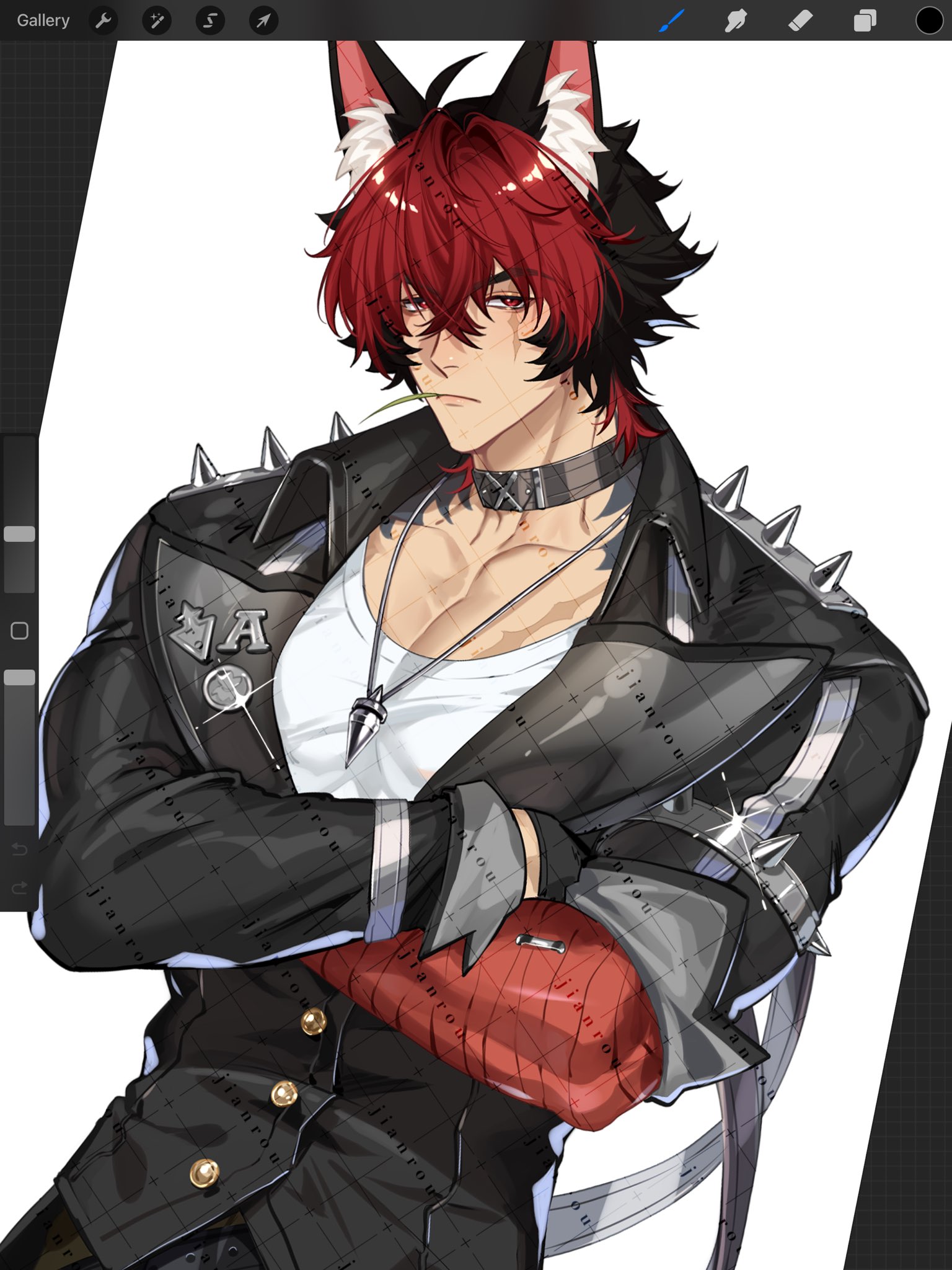 rourouki, komano manato, zenless zone zero, highres, 1boy, animal ears, artist name, black choker, black hair, black jacket, choker, closed mouth, collarbone, crossed arms, dog boy, dog ears, jacket, jewelry, long sleeves, looking at viewer, male focus, multicolored hair, muscular, muscular male, necklace, pectoral cleavage, pectorals, red bandage, red eyes, red hair, scar, scar across eye, scar on chest, scar on face, shirt, short hair, solo, spiked jacket, upper body, white shirt