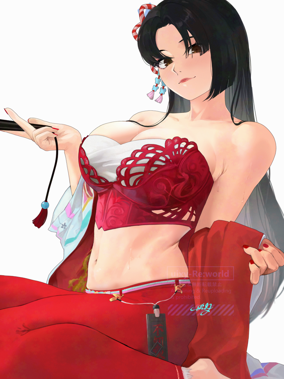 uixy, shiranui mai, street fighter, street fighter 6, commentary, highres, 1girl, armor, bare shoulders, black hair, breasts, chainmail, crop top, hand fan, holding, holding fan, looking at viewer, official alternate costume, official alternate hairstyle, pants, parted bangs, puffy pants, red nails, red pants, simple background, smile, solo, straight hair, strapless, watermark, white background