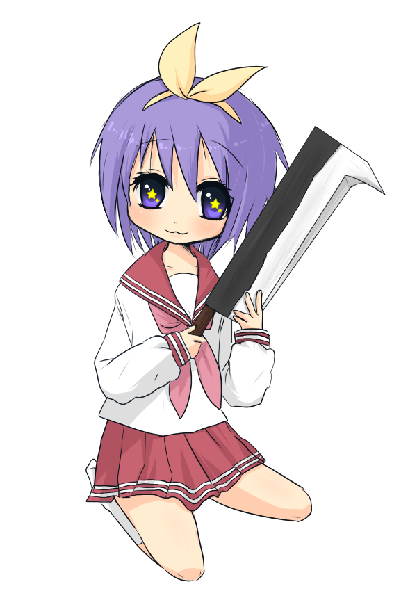 orange coffee, hiiragi tsukasa, ryuuguu rena, higurashi no naku koro ni, lucky star, bad id, bad pixiv id, + +, 1girl, :3, billhook, blue eyes, female focus, hashitsuki nata, hatchet, nata (tool), parody, purple hair, ribbon, school uniform, serafuku, short hair, solo, yandere