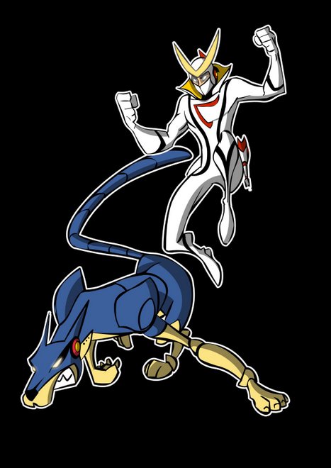casshern, friender, casshern (series), casshern sins, 00s, 1970s (style), 1boy, black background, bodysuit, dog, mask, oldschool, retro artstyle, robot, simple background