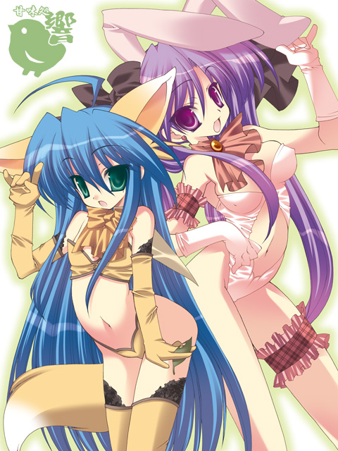 hibiki seiya, hiiragi kagami, izumi konata, lucky star, 2girls, ahoge, animal ears, blue hair, cosplay, frilled thigh strap, hibiki boshi, long hair, mole, mole under eye, multiple girls, purple hair, tail, thigh strap, thighhighs
