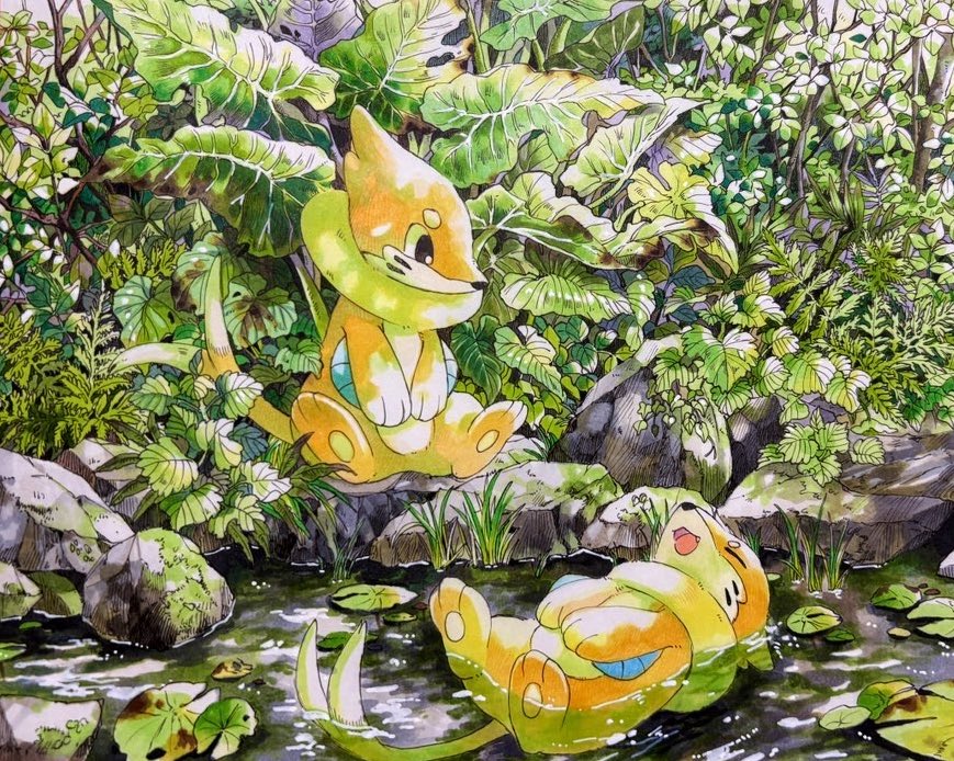 izumi asuka, buizel, nintendo, pokemon, animal focus, closed eyes, closed mouth, fang, floating, gen 4 pokemon, grass, leaf, lily pad, no humans, open mouth, outdoors, plant, pokemon (creature), pokemon focus, pond, rock, smile, tail, water
