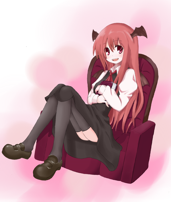 chumatan, koakuma, embodiment of scarlet devil, touhou, bad id, bad pixiv id, 1girl, ass, book, female focus, full body, gradient background, head wings, long hair, red eyes, red hair, sitting, socks, solo, thighhighs, white background, wings