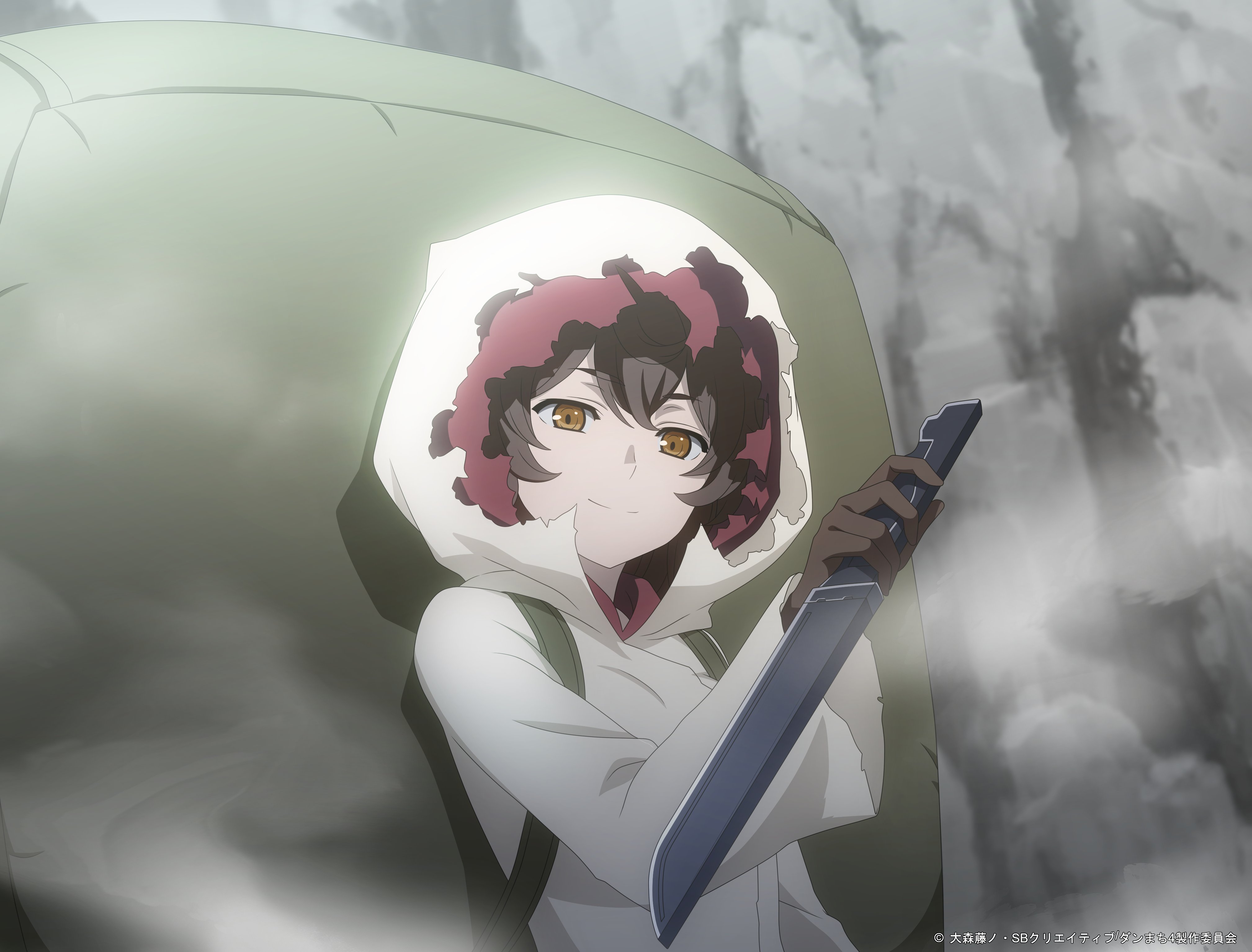 liliruca arde, danmachi battle chronicle, dungeon ni deai wo motomeru no wa machigatteiru darou ka, absurdres, highres, official art, 1girl, backpack, bag, brown gloves, brown hair, cloak, gloves, green bag, holding, holding knife, hood, hooded cloak, knife, looking at viewer, sheath, yellow eyes