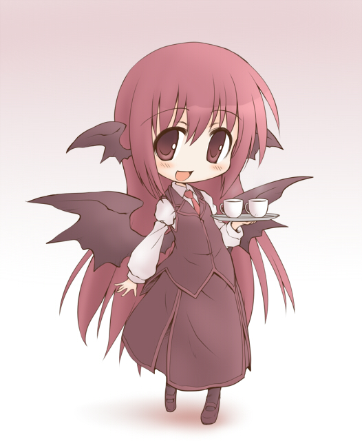 nekoguruma, koakuma, embodiment of scarlet devil, touhou, 1girl, chibi, cup, female focus, full body, gradient background, head wings, long hair, necktie, red eyes, red hair, skirt, solo, tray, white background, wings
