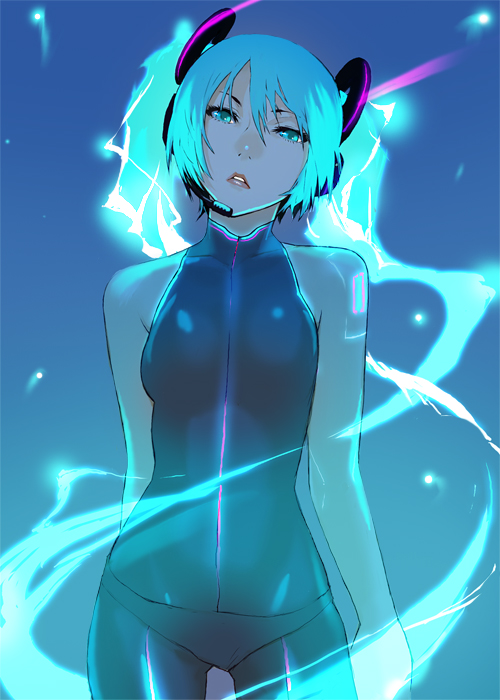 enami katsumi, hatsune miku, vocaloid, 1girl, aqua eyes, aqua hair, blue eyes, bodysuit, electricity, female focus, glowing, headphones, headset, latex, latex suit, lips, lipstick, makeup, neon lights, panties, skin tight, solo, spandex, twintails, underwear