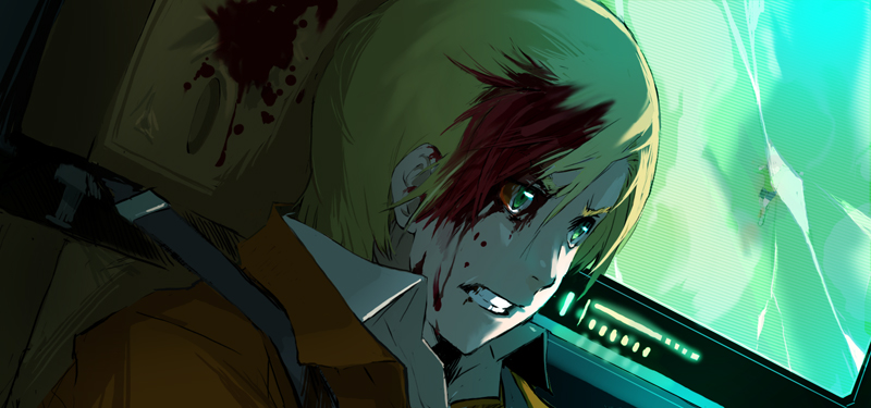 enami katsumi, alfred izuruha, bernard wiseman, gundam, gundam 0080, 1980s (style), bad id, bad pixiv id, 1boy, blonde hair, blood, green eyes, male focus, oldschool, retro artstyle, short hair, solo