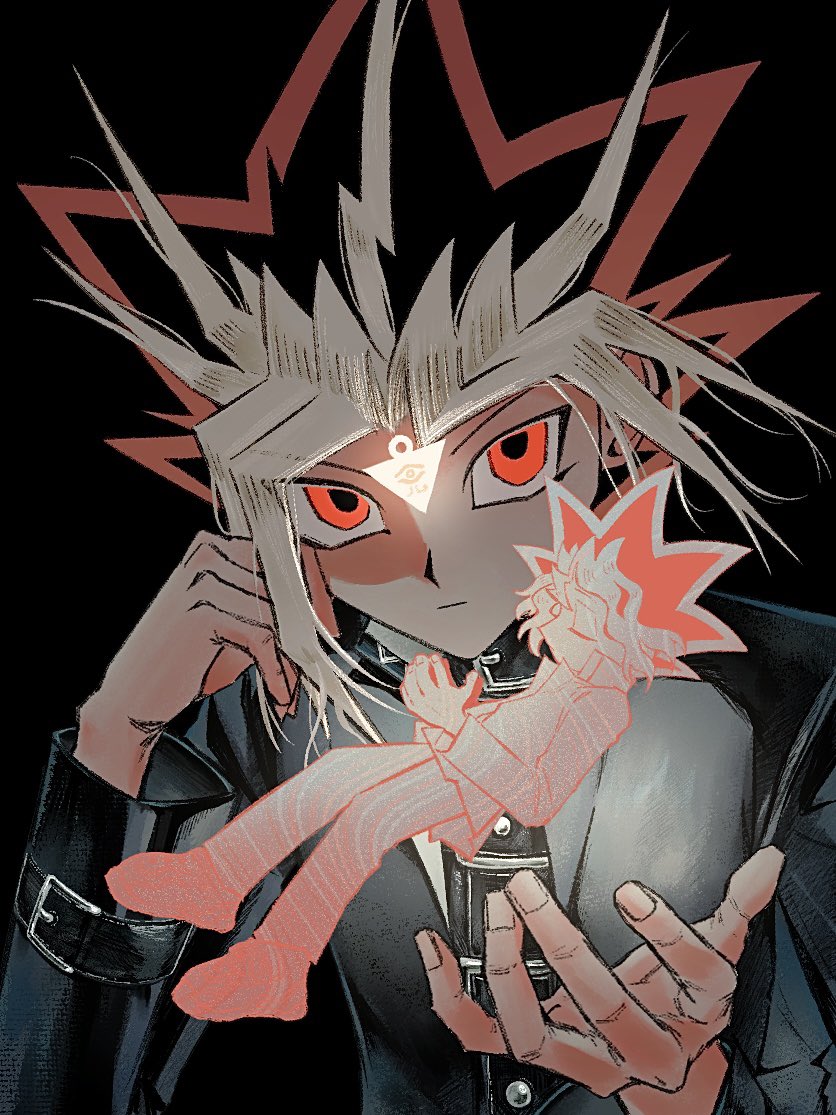 muto yugi, yami yugi, yu-gi-oh!, yu-gi-oh! duel monsters, 2boys, :|, arm belt, arm up, belt buckle, belt collar, black background, black hair, blonde hair, buckle, closed eyes, closed mouth, collar, fingernails, floating, hand on own face, head rest, jacket, long sleeves, male focus, millennium puzzle, multicolored hair, multiple boys, red eyes, sanpaku, spiked hair, upper body, yamamee19