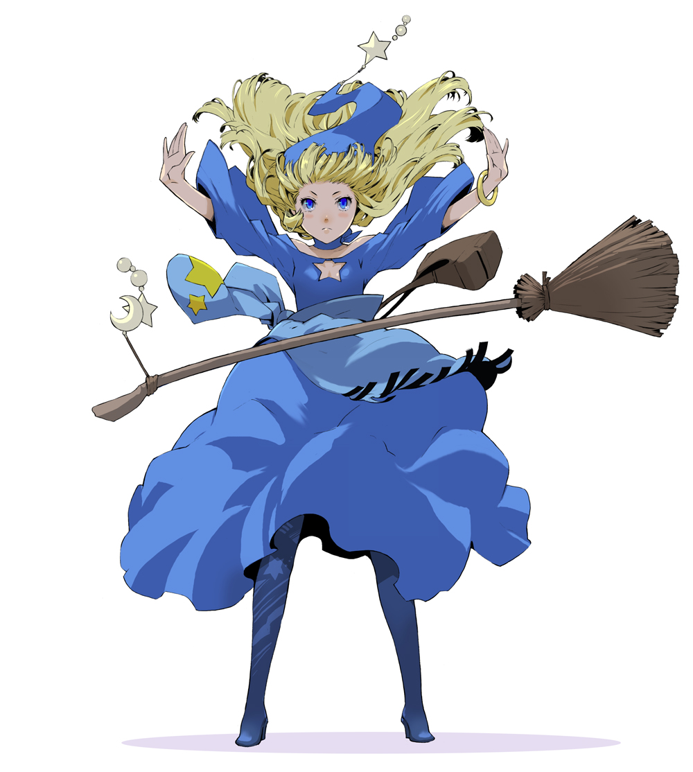 enami katsumi, witch (puyopuyo), madou monogatari, original, puyopuyo, bad id, 1girl, blonde hair, blue eyes, boots, bracelet, breasts, broom, choker, cleavage cutout, clothing cutout, dress, female focus, floating, hat, jewelry, levitation, moon, pantyhose, small breasts, solo, star (symbol), witch